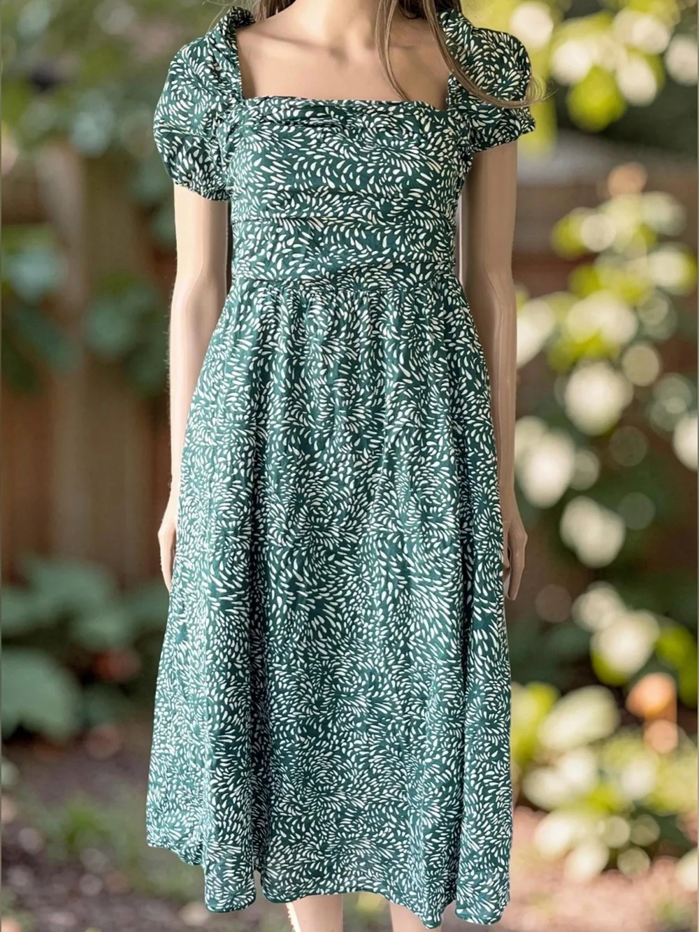 O.p.t Green Cotton Midi Dress L Smocked Back Puff Sleeve Pockets Cottagecore - Picture 2 of 9